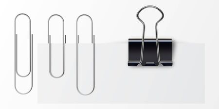 Paper clip on paper. Set of paper clip with black binder. Metal paper clip and paper isolated on white background. Realistic paper clips and black binder isolated on white background.のイラスト素材