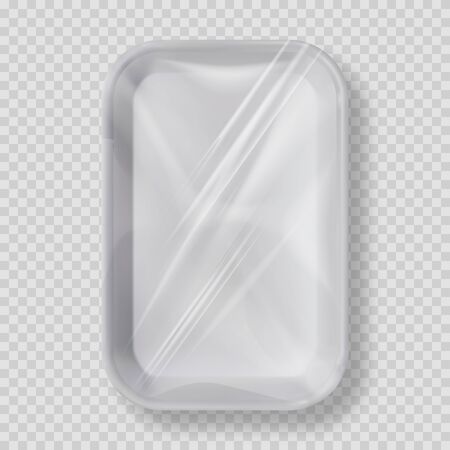 White empty plastic container for food. Layout of food plastic container for meat, fish and vegetables. White fast food fox container packaging. Disposable plastic box for package design top viewのイラスト素材