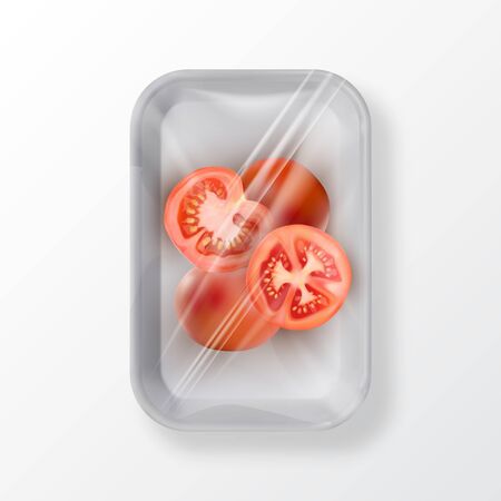 White empty plastic container for food. Layout of food plastic container for meat, fish and vegetables. White fast food fox container packaging. Disposable plastic box for package design top viewのイラスト素材