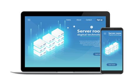 Website Template Landing page Concept of server hosting.  Data transmission technology and data protection. Illustration of network telecommunication server. Server room icon, computer technologiesのイラスト素材