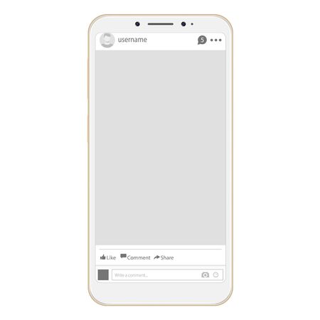 Social page profile web interface. Social network interface frame with flat icon. Social network photo frame on smartphone. Post frame vector in smartphone. Decorative template framework on smartphoneのイラスト素材