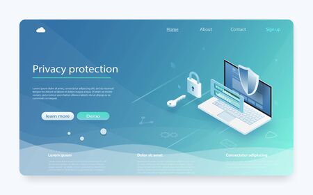 Online payment protection system concept with laptop. Banner with protect data and confidentiality. Mobile data security isometric. Security data protection concept. Online server protection system.のイラスト素材