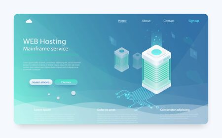 Internet datacenter connection concept. Hosting server isometric, administrator of web hosting. Computer technology, network and database. Computer technology, network and database, internet center.のイラスト素材