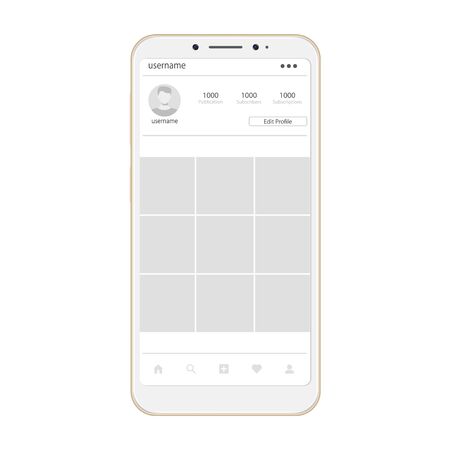 Social page profile web interface. Social network interface frame with flat icon. Social network photo frame on smartphone. Post frame vector in smartphone. Decorative template framework on smartphoneのイラスト素材