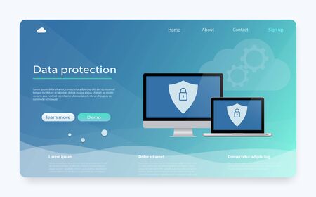 Concept is data security. Data Protection, privacy, internet security. Safe confidential information. Shield on computer desktop or laptop protect confidential information. Personal data protection.のイラスト素材