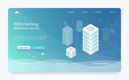 Internet datacenter connection concept. Hosting server isometric, administrator of web hosting. Computer technology, network and database. Computer technology, network and database, internet center.のイラスト素材