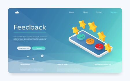Customer review concept. Feedback, reputation and quality concept. Feedback or rating concept banner. Smartphone with reviews stars rate, feedback evaluation. Rating system isometric concept.のイラスト素材