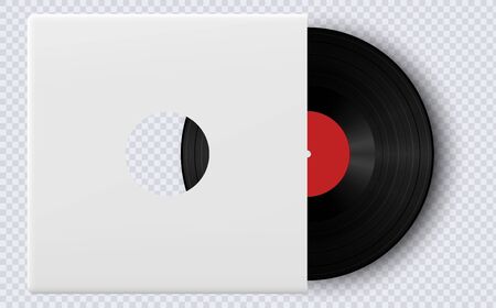 Realistic Vinyl Record with Cover Mockup. Gramophone vinyl record with label. Black vinyl record disk in paper case on gray background, LP music coverのイラスト素材