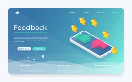 Customer review concept. Feedback, reputation and quality concept. Feedback or rating concept banner. Smartphone with reviews stars rate, feedback evaluation. Rating system isometric concept.のイラスト素材