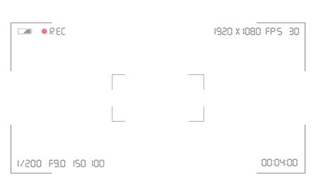Video camera viewfinder overlay. Photo or video camera viewfinder grid with many shooting settings on screen. Record video snapshot photography. Video camera viewfinder template. Video rec screen.のイラスト素材