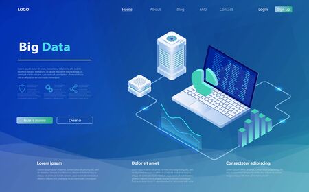Data analysis concept, modern flat design isometric. Data center query, search engine optimization. Concept of business big data analysis, global analytics, financial research reportのイラスト素材