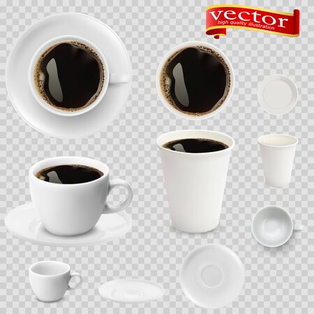 3d realistic espresso coffee in white cups view from the top and side. Espresso coffee in white paper Cups. A Cup of espresso coffee and saucer, top view, realistic vectorのイラスト素材