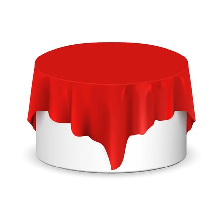 Vector realistic round podium covered with red silk cloth. Empty podium, stand with tablecloth. Round podium for displaying products. Podium hidden under satin fabric with drapery and folds.のイラスト素材