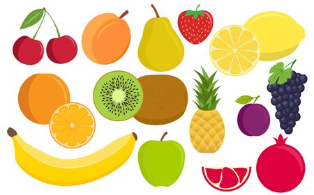 Tropical fruit. Vegan kitchen apple hand drawn, organic fruits or vegetarian food. Flat fruit: apple, pear, strawberry, orange, peach, plum, banana, watermelon, pineapple, grapes, cherry, kiwi, lemonのイラスト素材