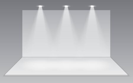 Realistic 3D exhibition booth. Scene show Podium for presentations on the gray background. Exhibition white empty vector booth. Empty white exhibition boothのイラスト素材