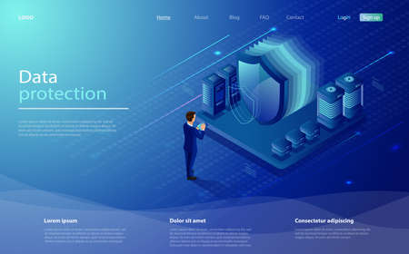 Network data security concept. Digital protection mechanism, system privacy. Man manages security in the server room with tablet. Network security concept with servers big shield and characterのイラスト素材