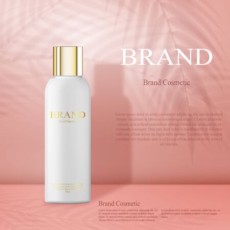 Moisturizing cosmetic products ad, light pink background with beautiful containers and palm leaves shadows. 3d realistic white bottle for skin care cream or body lotion. Cosmetic design templateのイラスト素材