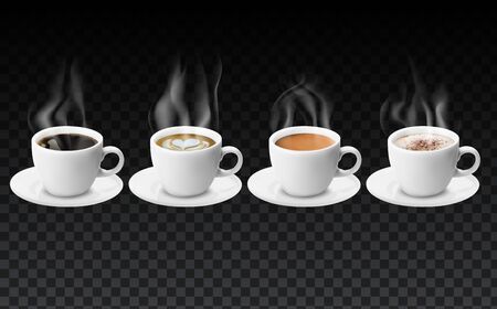3d realistic different sorts of coffee in white cups view from the top and side. Hot cappuccino latte americano espresso cocoa in realistic cups. 3d model for cafe menu. Realistic steam over cupsのイラスト素材