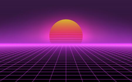 Retro background futuristic landscape 1980s style. Vector perspective grid. 80s sci-fi or game style. Retro neon background with 80s styled laser gridのイラスト素材