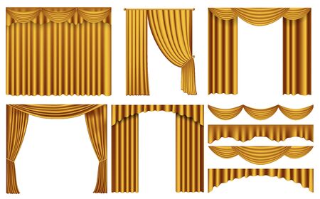 Golden luxury curtains and draperies interior decoration. Set of realistic luxury curtains of gold fabric on cornices. Elegance gold curtain. collection of gold satin curtain for the theater scene.のイラスト素材