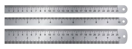 Realistic metal ruler. Vector markup for 10 inches and 25 centimeters rulers. Realistic metal ruler measuring tool. Metric precision double-sided measuring instrument.のイラスト素材
