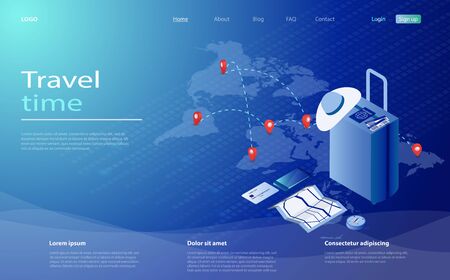 Travel and tourism booking concept. Travel equipment, passport, tickets and luggage on a background of a world map with points of visit. Time to travel tourism toster concept isometric vectorのイラスト素材