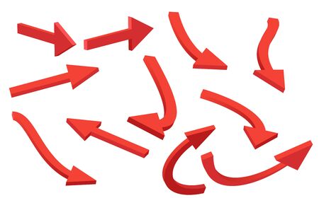 3D red arrows set. Glossy red 3d arrows isolated on white background set. 3D arrows collection for infographics, navigation, graphicのイラスト素材