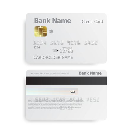 Detailed realistic credit cards on grey background. Bank, credit card front and back view mockup. Realistic detailed blank credit cardsのイラスト素材