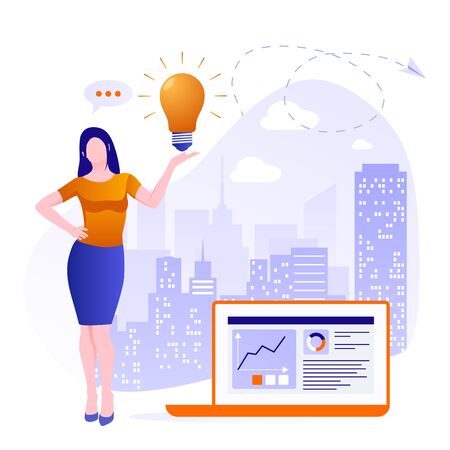 Concept search for new creative ideas, brainstorm, catch an idea. Business woman holds a light bulb on a background of a big city. Concept of generating innovative ideasのイラスト素材