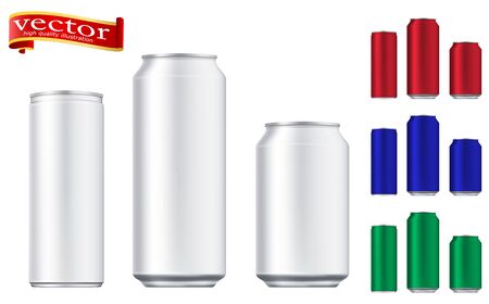 Vector aluminium beer and slim soda can mock up blank template. Juice, soda, beer jar blank. Aluminum can for design. Realistic aluminum cans. Easy to change color.のイラスト素材