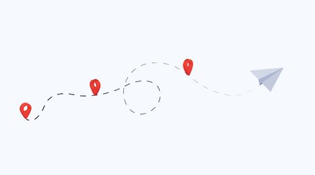 Paper airplane is in a dotted line. Tourism and travel. Paper airplane line path vector icon of air plane flight route with start point.のイラスト素材