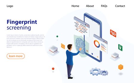 Man puts finger on fingerprint recognition system. Fingerprint scanning identification system. Biometric personal data protection. Biometric access controlのイラスト素材