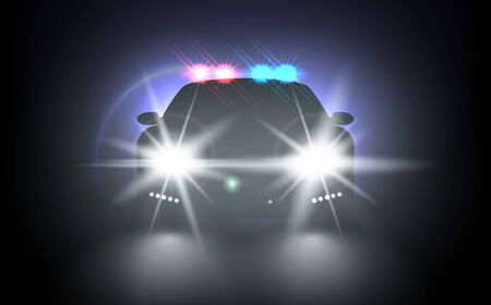 Police car with flashing light realistic composition night urban scenery stylish automobile silhouette with headlights. Flash red and blue light police car. Bright special red blue police light beams.のイラスト素材
