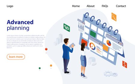 Planning schedule concept banner with business people. Web page design templates for advanced planning. Man and woman make a plan, schedule of meetings, tasks. Planning schedule and calendar conceptのイラスト素材