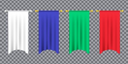 3d model of a realistic empty pennant, color changes easily. 3d realistic textile flag. Royal flag banners and heraldic pennants hanging on poles. Hanging realistic team pennants, canvas flags.のイラスト素材