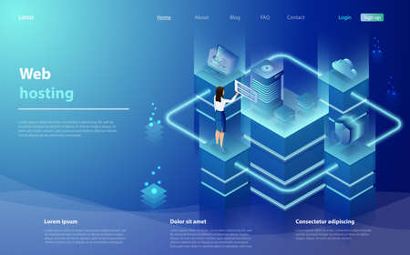 Web hosting, development concept with character. Cloud computing online database technology security computer web data center server. Web hosting, development concept, programming and codingのイラスト素材