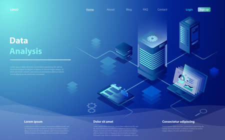 Data analysis concept. Data Analysis for website, mobile website. Big data flow processing concept, cloud database, web hosting, server room. Cloud storage, digital service app with data transfering.のイラスト素材