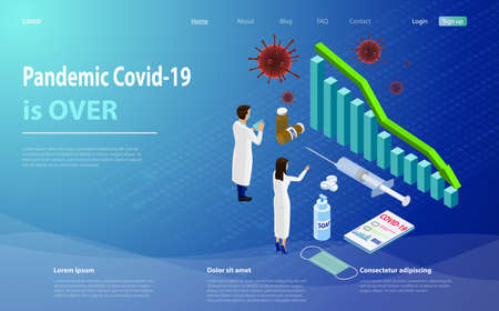 Pandemic Covid-19. Quarantine and coronavirus lockdown finishing idea. Quarantine is over, coronavirus is finish, pandemic over isometric conceptのイラスト素材