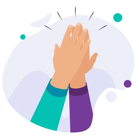 High five hands. Two hands giving a high five for great work. High five as a symbol of great work achievement. People team give hand slapping. Happiness, joy expressionの写真素材