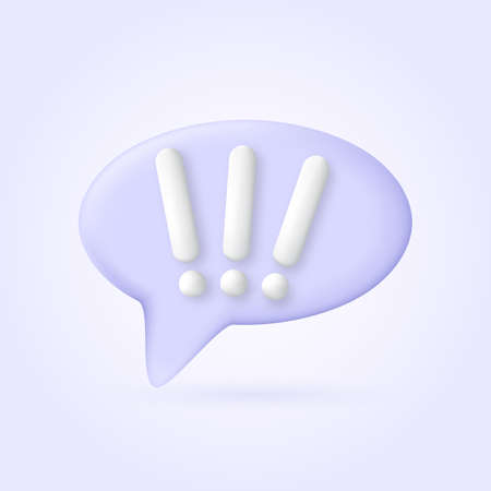 Icon 3D bubbles exclamation mark of plastic in soft pastel colors. Speech bubble with exclamation mark 3D vector illustration. Three exclamation marksspeech bubble.のイラスト素材