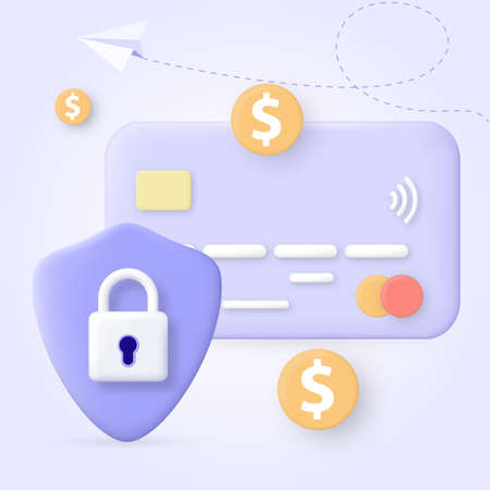 3D Money Saving icon concept. Online payment protection system with credit card. Secure bank transaction. Cartoon style credit card. Credit card shield with lock. Secure payment, payment protectionのイラスト素材