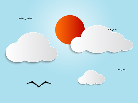 Sun and clouds and birds are flying on blue sky, Paper art styleのイラスト素材