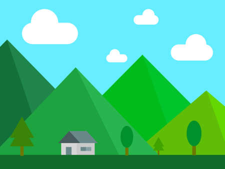 House and tree in front of green mountain and clouds on blue sky illustration vectorのイラスト素材
