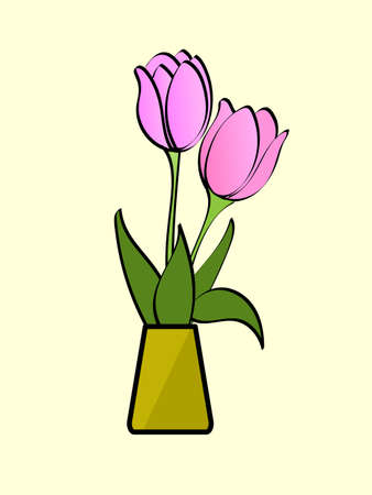 Pink tulip flower in yellow vase on yellow background vectorのイラスト素材