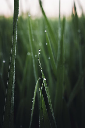 Water drops on green rice leavesの写真素材