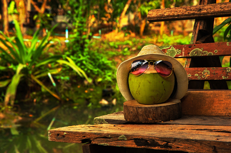 Coconut with straw hat and bright sunglasses stand on the benchの写真素材