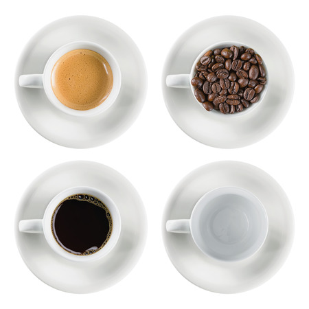 Top view close-up coffee cup set isolatedの写真素材