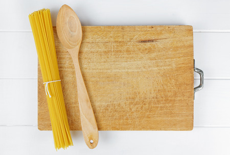 pasta spaghetti spoon on wooden rustic backgroundの写真素材