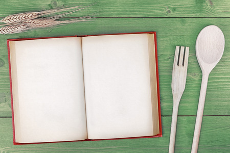 recipe book top view on wooden tableの写真素材