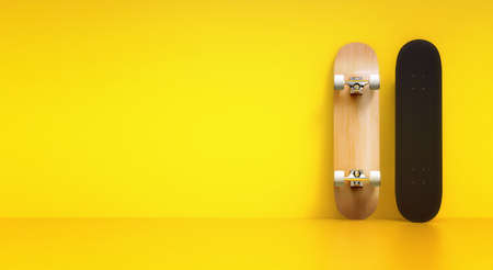 Close up of Skateboard front and back side on wall at home, mockup templateの写真素材